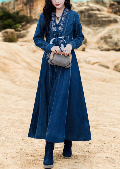 Blue V Neck Embroideried Button Cotton Denim Long Dresses Long Sleeve