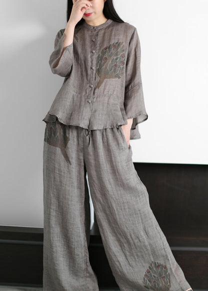 Grey Stand Collar Print Cotton Blend Tops and Wide Leg Pants Two Piece Outfit Flare Sleeve