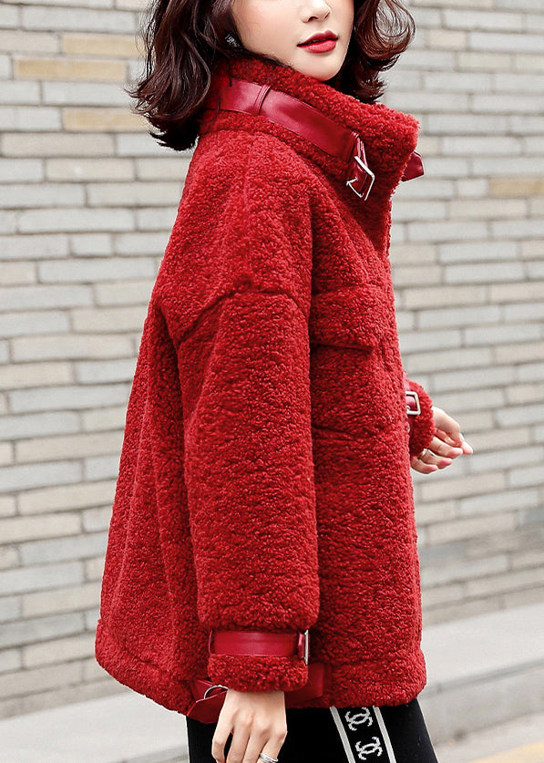 Loose Red Zippered Patchwork Teddy Faux Fur Coat Winter