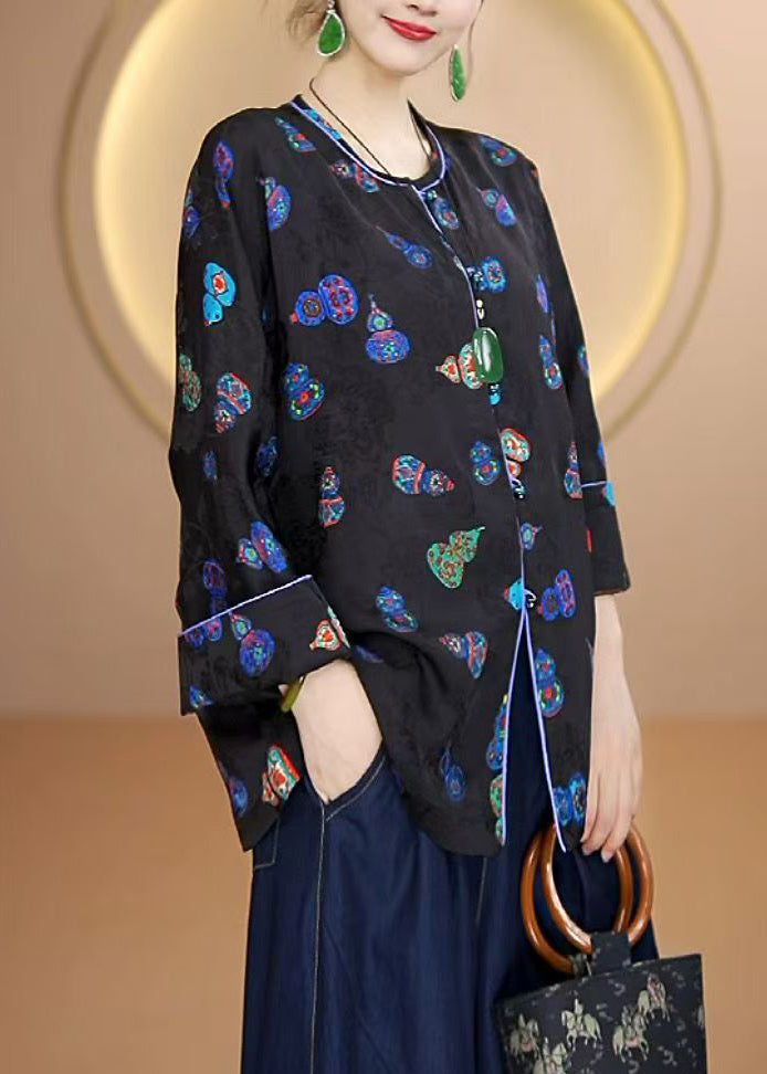 Black O Neck Print Button Silk Cardigans Fall