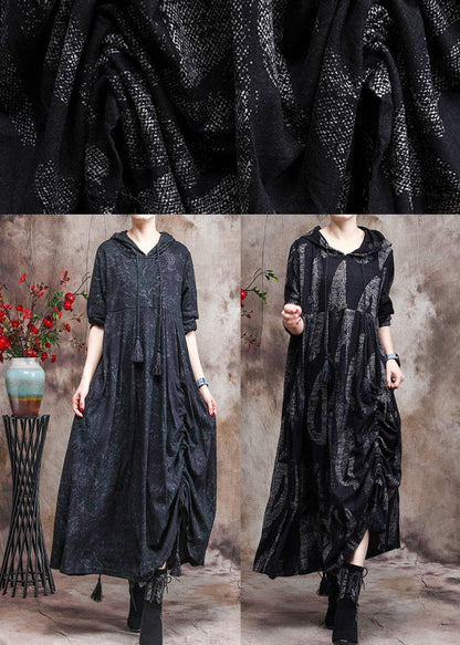 Unique Dark Green Print Outfit Hoodie Dress Asymmetric Maxi Dress