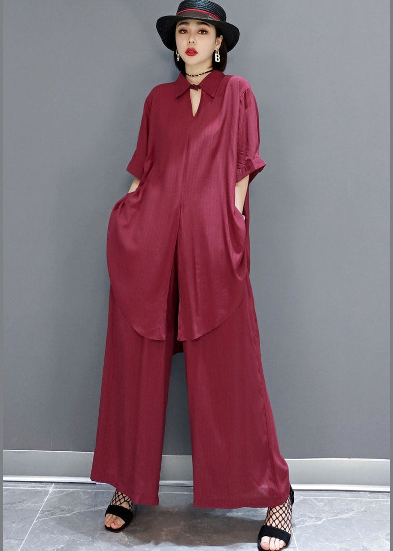 Red Peter Pan Collar Shirt Wide Leg Pants Satin Two Pieces Set Spring