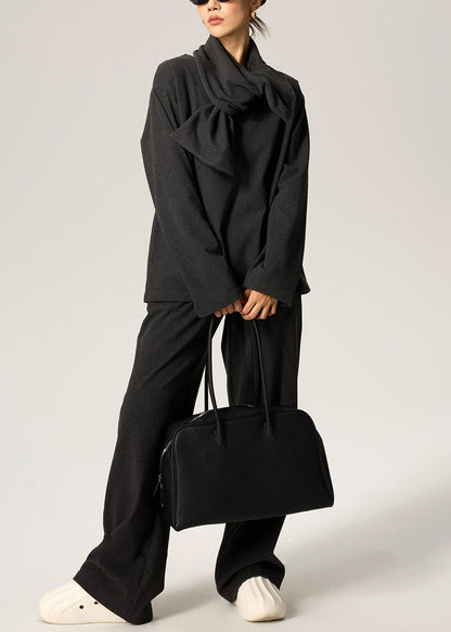 Dark Gray Scarf Tops and Pants Cotton Fall Three Pieces Set V Neck