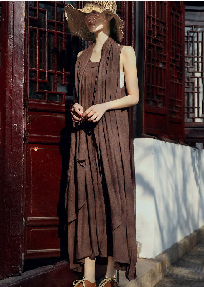 Chocolate Asymmetrical Linen Spaghetti Strap Dress and Shawl Two Pieces Set Summer