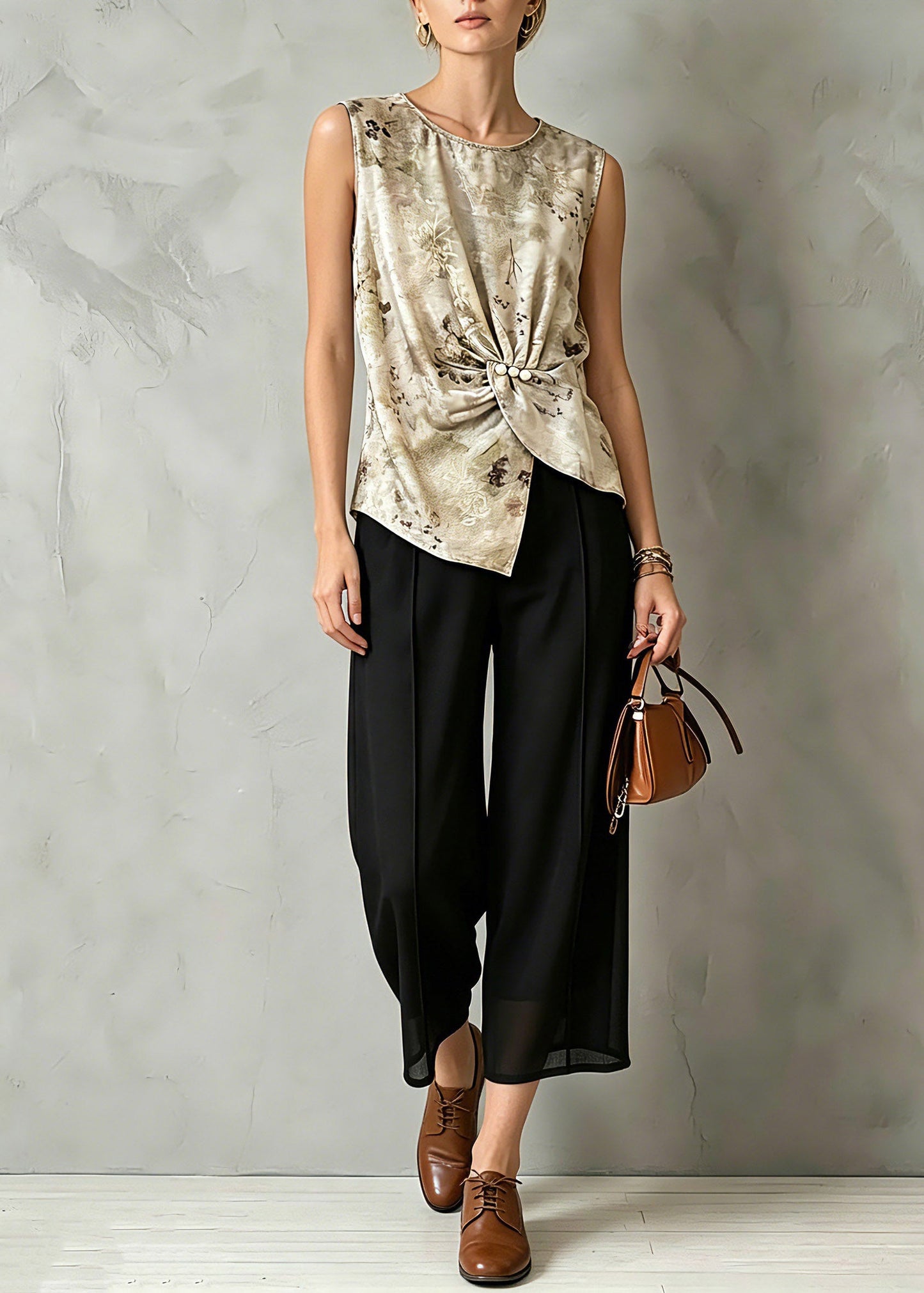 Organic Print Silk Tops and Crop Pants Two Pieces Set Short Sleeve
