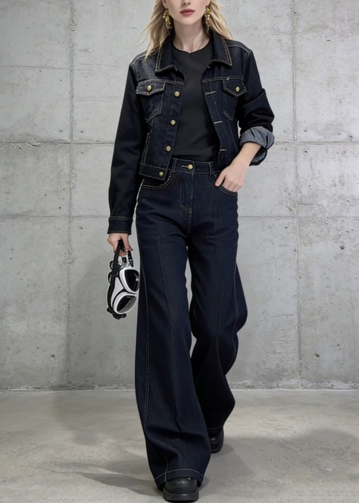 New Blue Peter Pan Collar Coat Pants Denim Two Pieces Set Spring