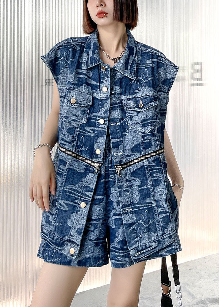 Denim Blue Loose Button Zippered Print Fall Two Piece Set Clothing Sleeveless
