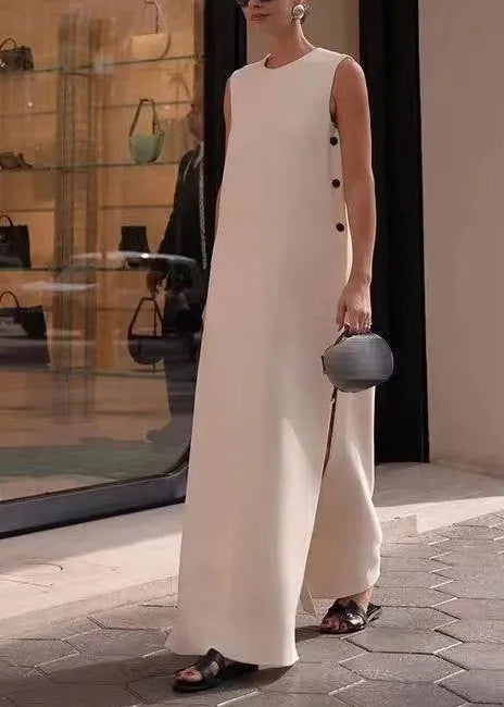 White Side Open Cotton a Line Dress Sleeveless Summer