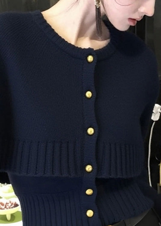 French Navy Button False Two Pieces Knit Cardigan Winter