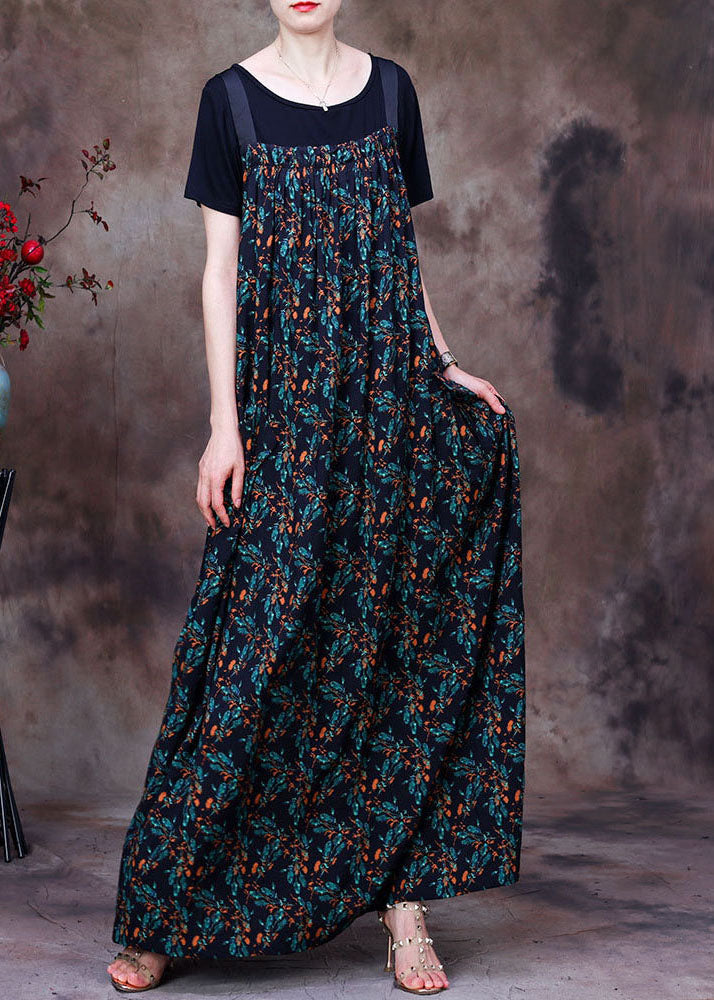 Green Print Pockets Cotton Strap Dress and Tanks Two Pieces Set Summer