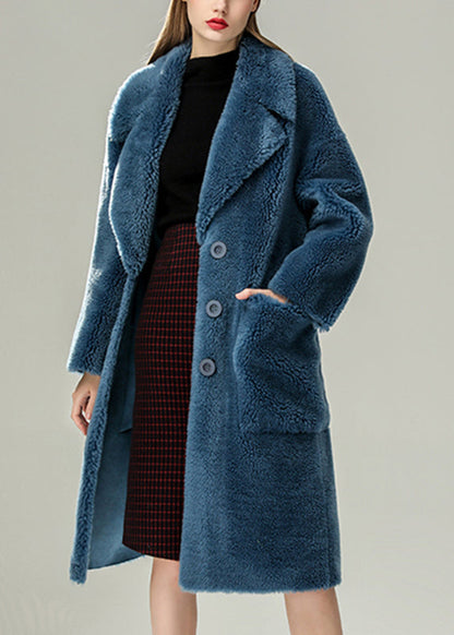 Blue Patchwork Button Faux Fur Maxi Coats Winter
