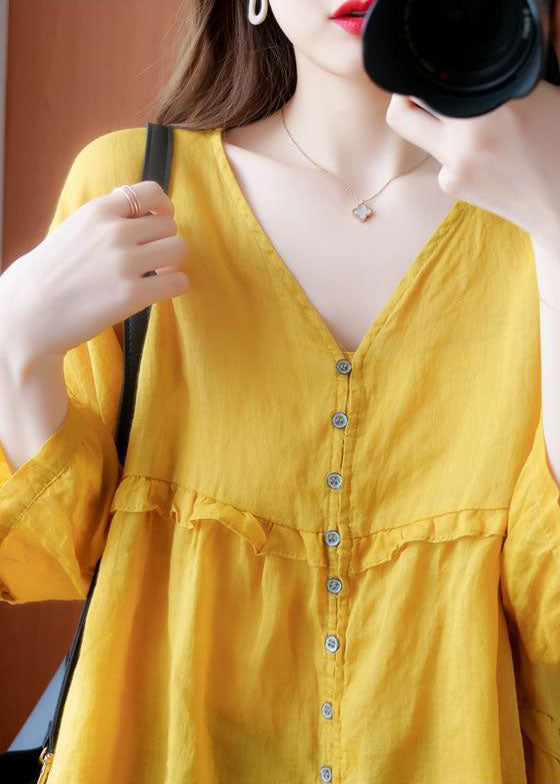 Art Yellow V Neck Button Ruffled Asymmetrical Design Fall Half Sleeve Shirt Top