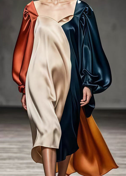 Square Collar Asymmetrical Patchwork Silk Dresses Lantern Sleeve