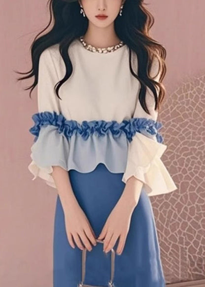 New Apricot Ruffled Tops and Blue Skirts Cotton Two Piece Set Fall