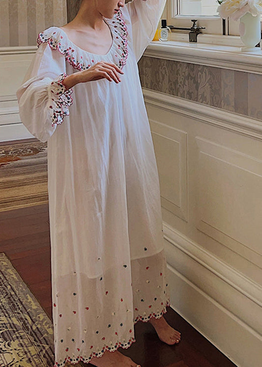 French White V Neck Embroidered Maxi Dresses Long Sleeve