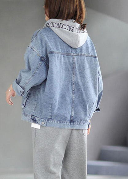 Light Denim Hooded Pockets Button Fall Long Sleeve Coat