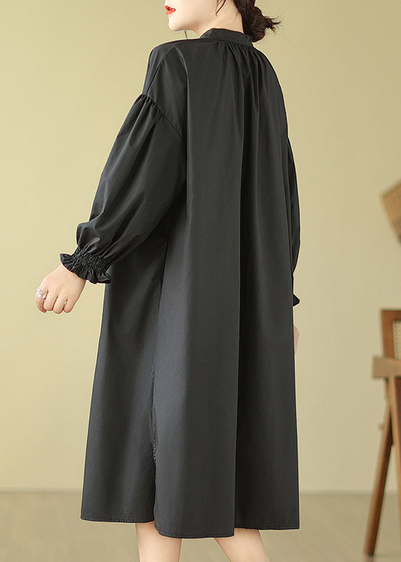Black Stand Collar Button Patchwork Cotton Shirts Dress Lantern Sleeve