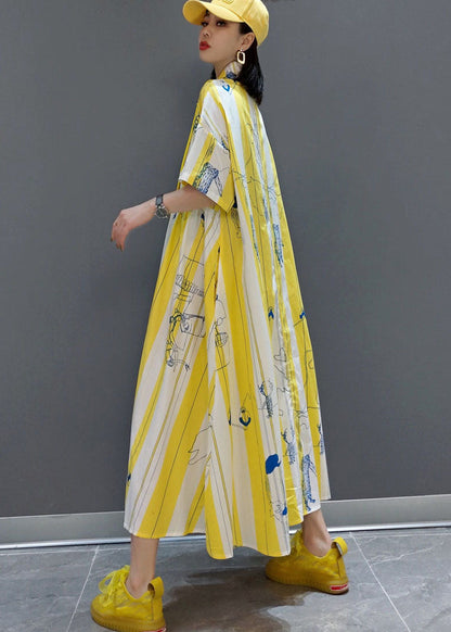 Yellow Cinched Striped Print Shirt Long Dresses Spring