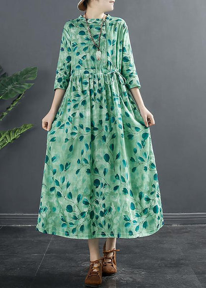 Natural Drawstring Dresses Photography Green Print a Line Dress