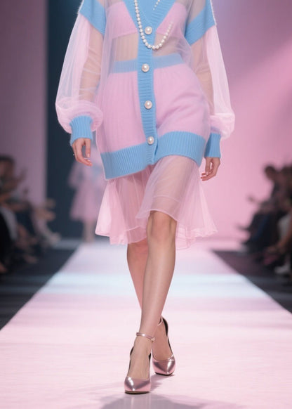 Original Design Colorblock O Neck Tulle Patchwork Knit Dress Fall