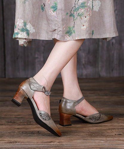 Coffee Splicing Hollow Out Lace Up Chunky Cowhide Leather Sandals