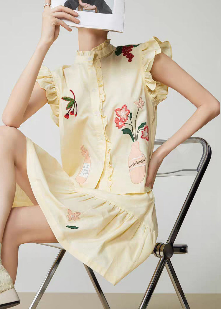 Yellow Embroidered Top and Skirts Two Pieces Set Sleeveless