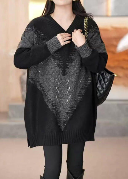 Loose Black V Neck Patchwork Cotton Knit Sweaters Long Sleeve Spring