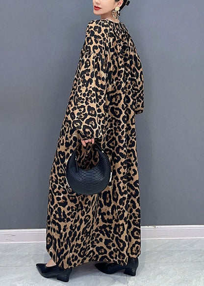 Leopard Print O-neck Long Dress Long Sleeve