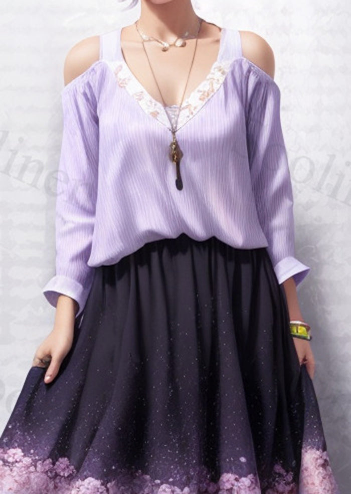 Diy Purple Cold Shoulder Print Silk Holiday Dress Summer
