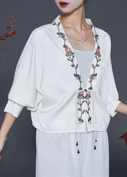 Art White Embroideried Tasseled Silk Jacket Spring