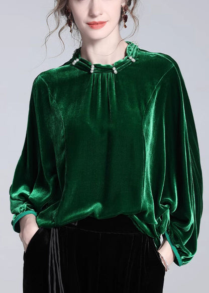 Loose Green Nail Bead Silk Velour Blouse Batwing Sleeve