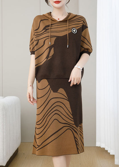 New Coffee Knitting Hooded Two Piece Set Autumn