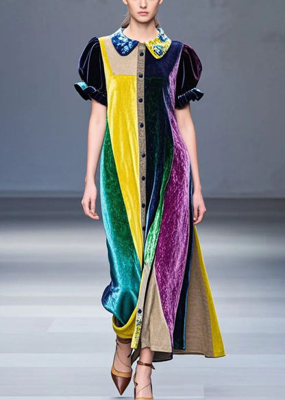 Colorblock Peter Pan Collar Patchwork Silk Velour Robe Dresses Fall