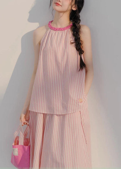 Pink Striped Tops and Crop Pants Cotton Two Pieces Set Sleeveless