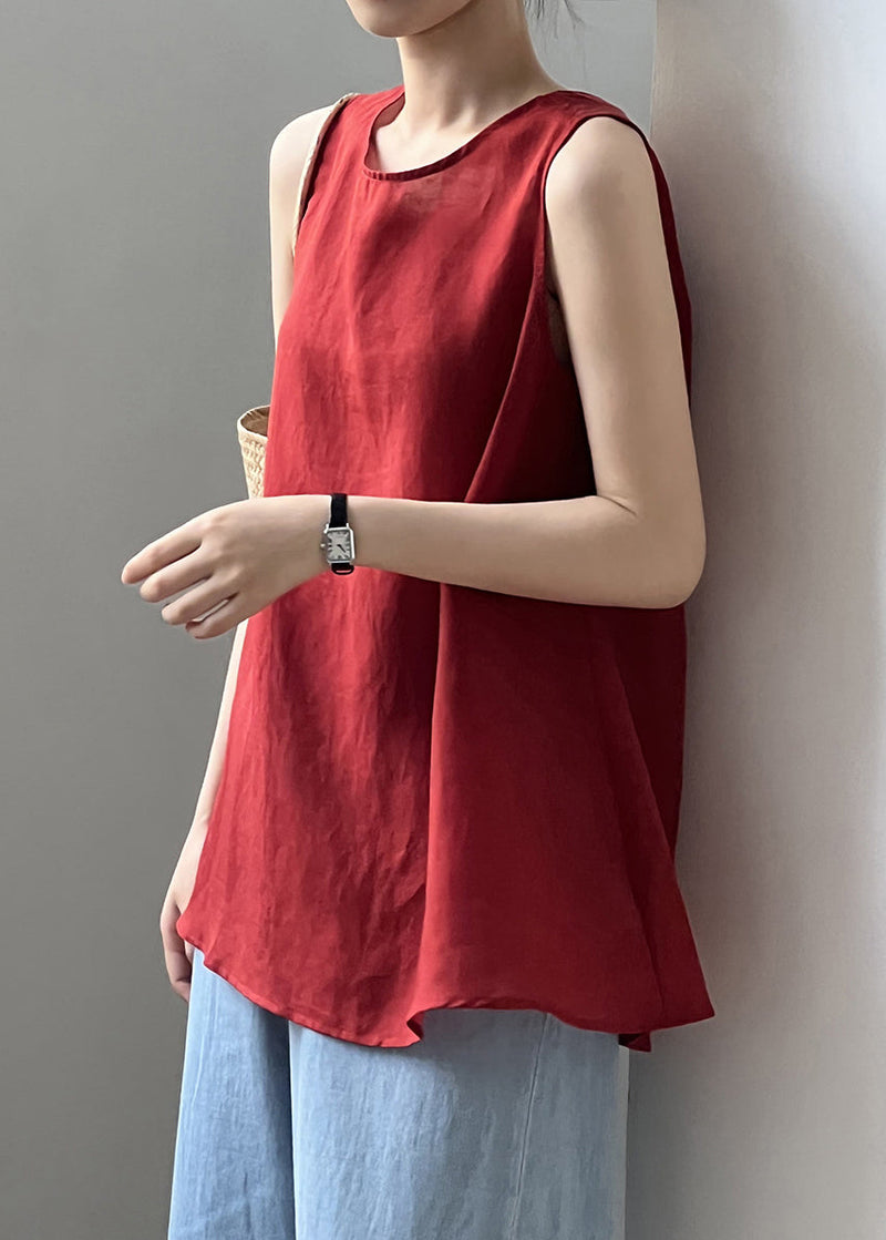 Red Lace Up Cotton Tops Sleeveless