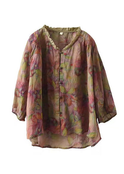Pink V Neck Ruffled Print Linen Blouse Top Half Sleeve