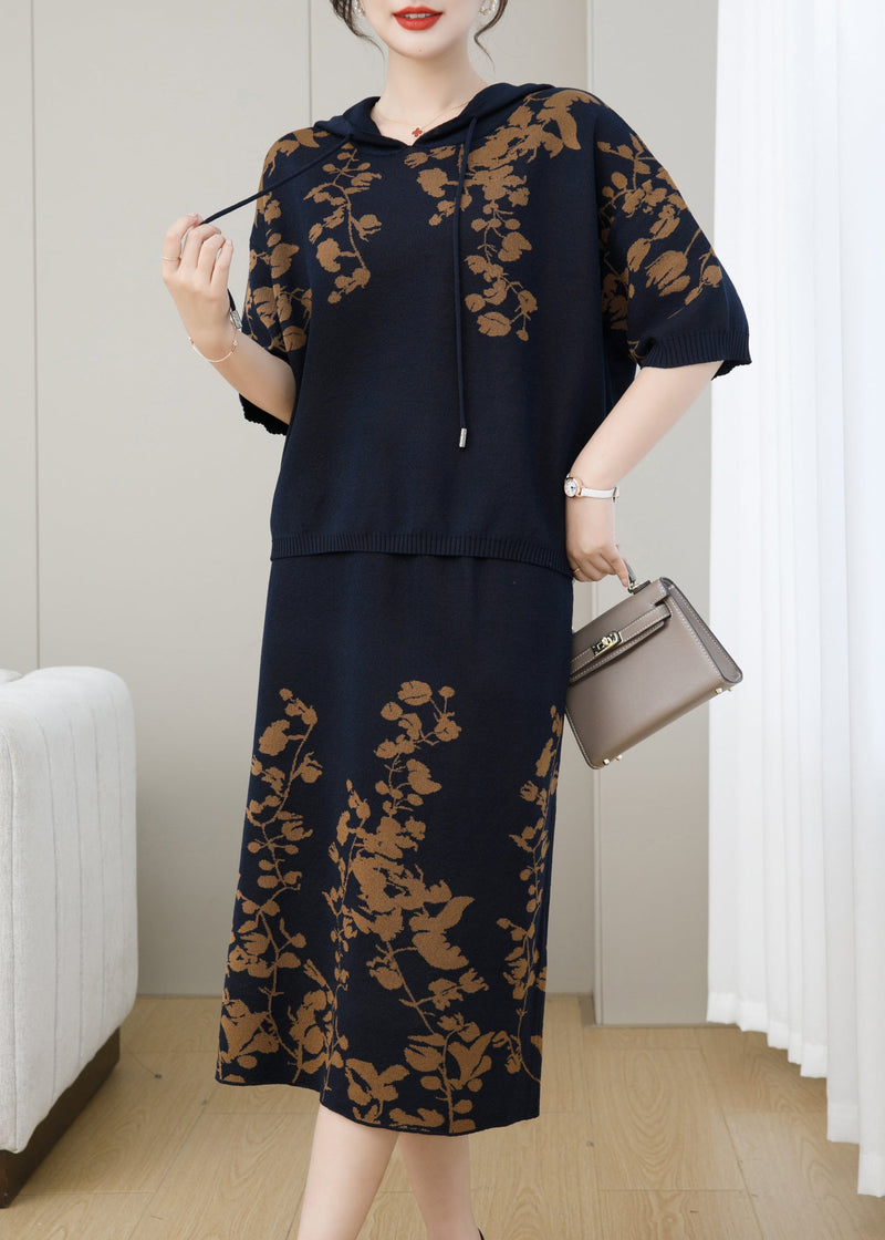Navy Hooded Jacquard Patchwork Knit Two Piece Set Fall