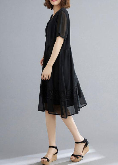 Black Patchwork Lace V Neck Mid Dress Summer Chiffon Dress