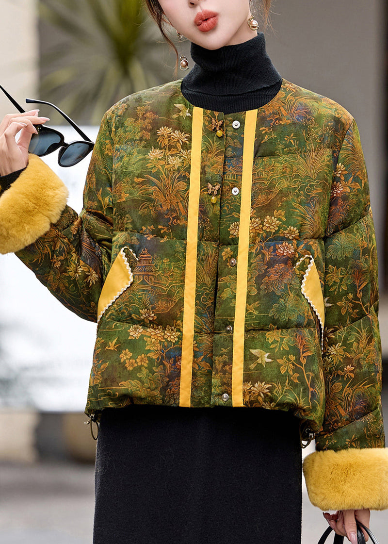 Italian Green O-neck Print Duck Down Jacket in Winter