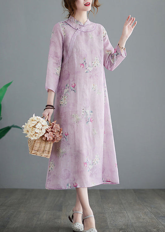 Stand Collar Button Print Linen Cheongsam Dress Three Quarter Sleeve