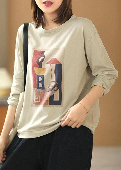 Light Grey O-neck Print Fall Tops Long Sleeve