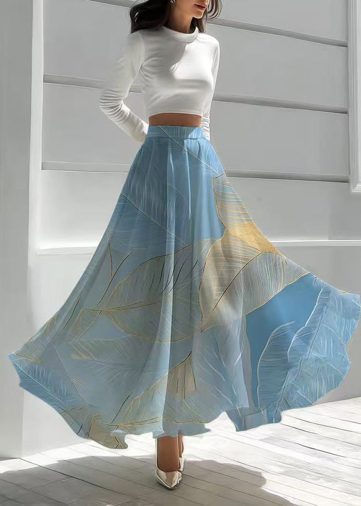 Sea Blue Leaf Print Chiffon Holiday Skirt Fall