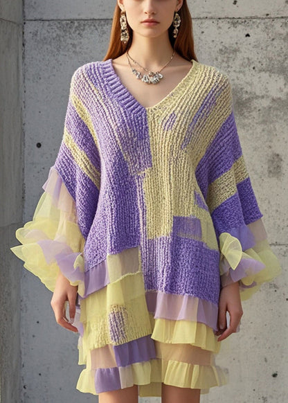 Purple Ruffled Patchwork Knit Sweater Dress Fall
