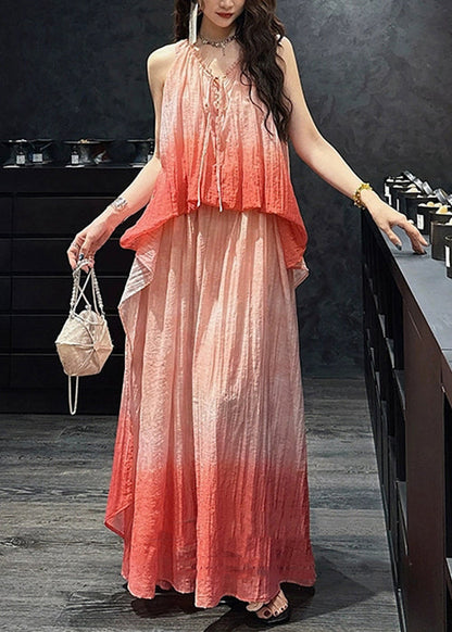 Pink Gradient Color Ruffled Linen Silk Long Dress Sleeveless
