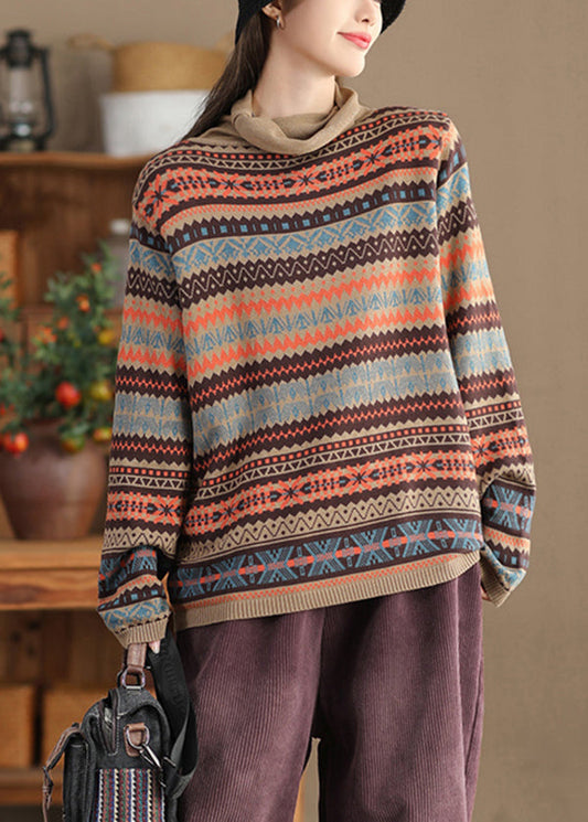 Khaki Turtle Neck Print Knit Sweaters Winter