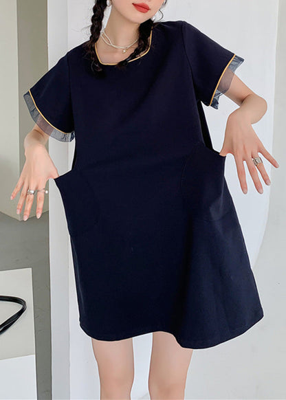 Simple Navy O-neck Patchwork Mid Dress Short Sleeve