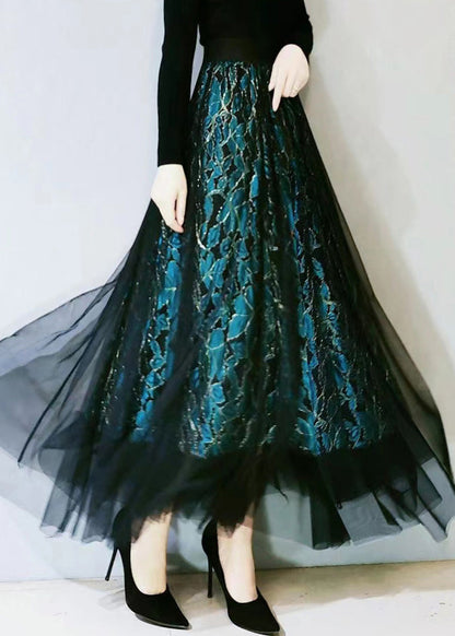 Fitted Green Embroideried High Waist Hollow Out Lace a Line Skirts Spring