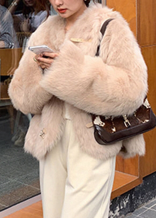 Italian Milk Tea Color O-neck Pockets Leather and Fur Coats Long Sleeve