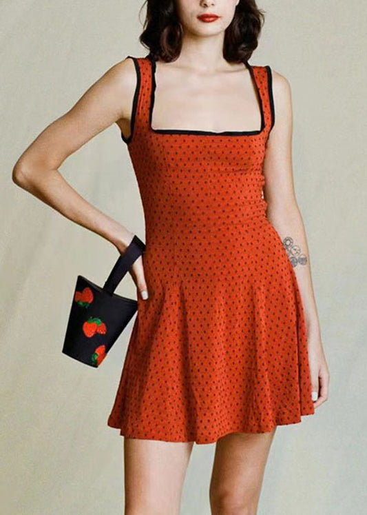 Slim Fit Red Square Collar Dot Print Spaghetti Strap Mid Dress Sleeveless Summer