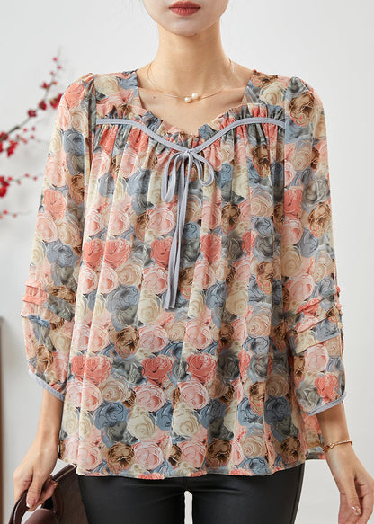 Apricot Square Collar Print Chiffon Top Bracelet Sleeve